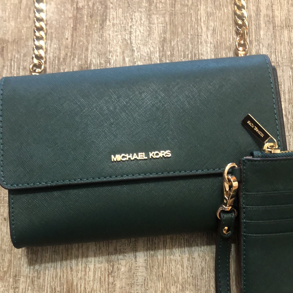 Michael Kors Forest Green Crossbody bag with detachable wristlet inside.
